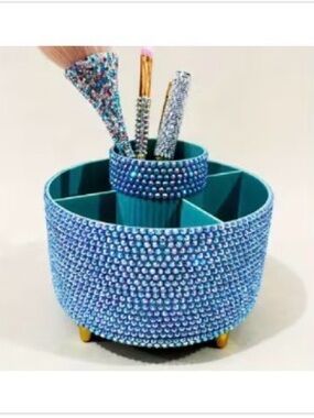 Teal Crystal Bling Makeup /Office Organizer Rotating Caddy